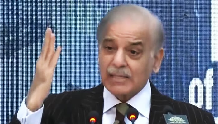Prime Minister Shehbaz Sharif speaks during ceremony held in honour of the eminent businessmen and exporters of the country in Islamabad, January 30, 2026. — Screengrab via YouTube/Geo News