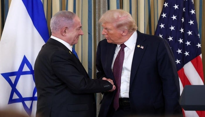 US President Donald Trump and Israeli Prime Minister Benjamin Netanyahu in the State Dining Room at the White House in Washington, DC, on September 29, 2025. — Reuters