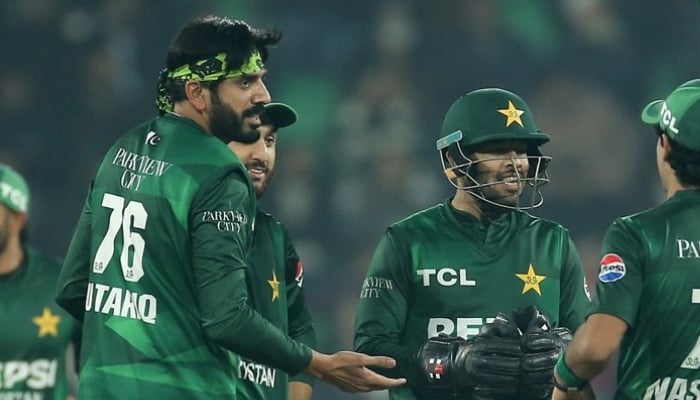 Pakistan players celebrate a wicket during the second Twenty20 international cricket match against Australia at the Gaddafi Stadium, Lahore on January 31, 2026. — PCB