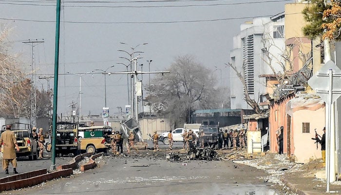 Security personnel inspect the blast site after an attack by terrorists s in Quetta, Balochsitan on January 31, 2026. — AFP