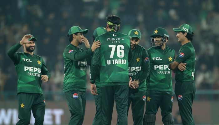 Pakistans Usman Tariq celebrates taking a wicket with teammates during their second T20I against Australia at the Gaddafi Stadium in Lahore on January 31, 2026. — PCB