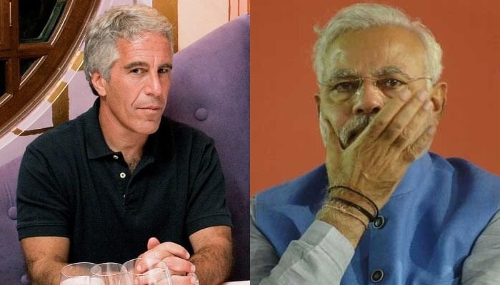 This collage shows deceased convicted sex offender Jeffrey Epstein alongside Indian Prime Minister Narendra Modi.— Reuters/AFP