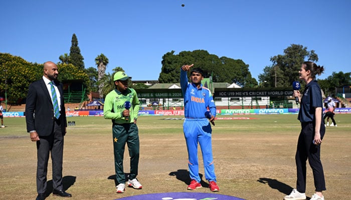 Pakistan captain Farhan Yousuf and India captain Ayush Mhatre during toss ceremony of U19 World Cup 2026 Super Sixes stage match at Queens Sports Club Ground, Bulawayo, Zimbabwe, February 1, 2026. — X@TheRealPCB