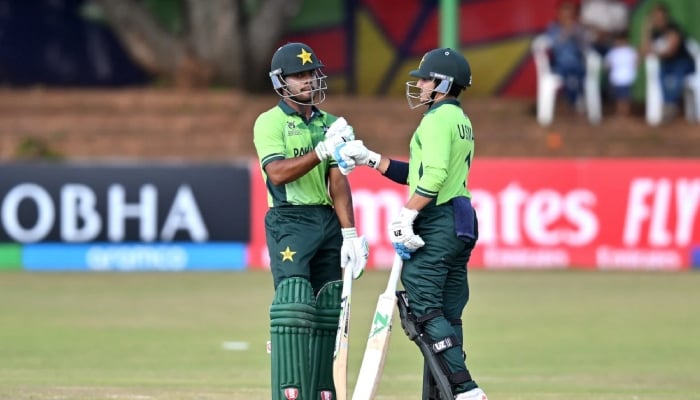 Pakistans Hamza Zahoor (left) and Usman Khan during the ICC Mens U19 World Cup match against India at Queens Sports Club in Bulawayo, February 1, 2026. — ICC