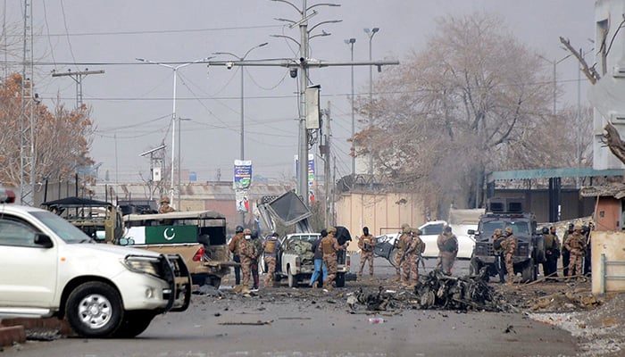 Pakistan army soldiers gather at the site, following millitant attacks, in Quetta, January 31, 2026. — Reuters