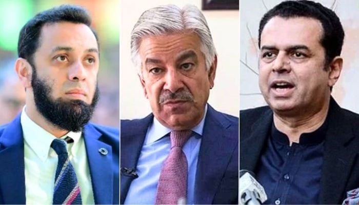 (From left to right) Minister for Information and Broadcasting Attaullah Tarar, Defence Minister Khawaja Asif and Minister of State for Interior Talal Chaudhry. — APP/Reuters/Facebook/Attaullah Tarar/File