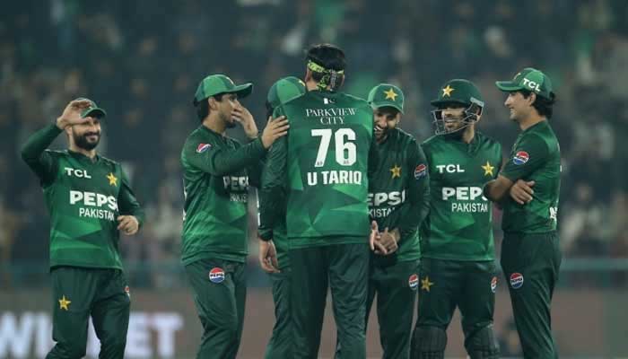 Pakistans Usman Tariq celebrates taking a wicket with teammates during their second T20I against Australia at the Gaddafi Stadium in Lahore on January 31, 2026. — PCB