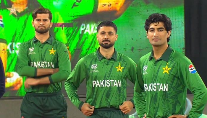 (From left to right) Pakistans Shaheen Afridi, Abrar Ahmed and Naseem Shah during the unveiling ceremony for the T20 World Cup 2026 kit. — Screengrab via X/@TheRealPCB