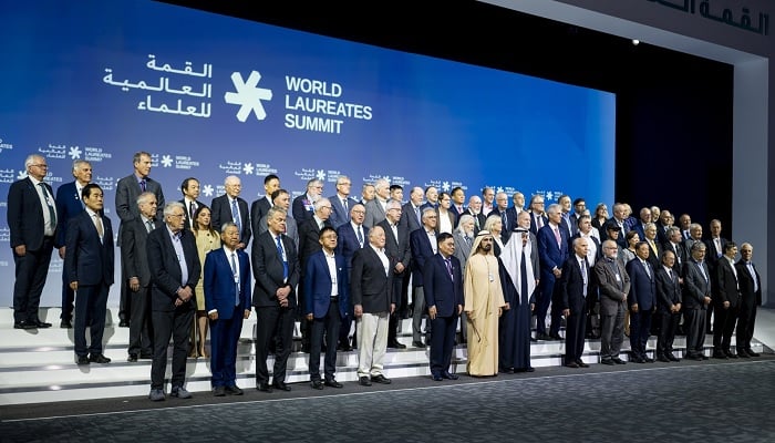 Participants attend a group photo during the World Laureates Summit in Abu Dhabi on February 1, 2026. — X/@HHShkMohd