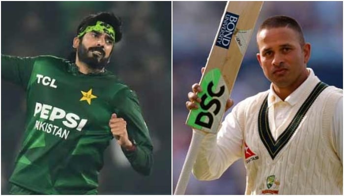 From left to right, Pakistan spinner Usman Tariq in bawling action, while former Australian batter Usman Khawaja batting in the Ashes series. — AFP and Reuters