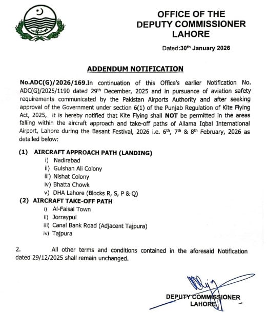 Kite flying banned in areas near Lahore airport