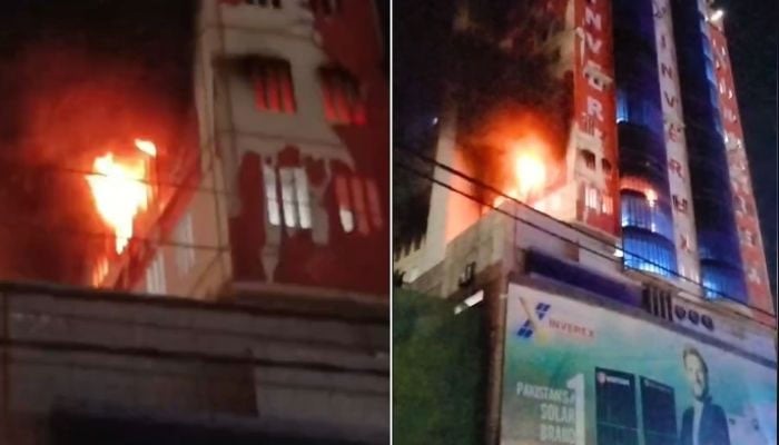 Fire breaks out in a building at Karachi’s mobile market on February 2, 2026. — YouTube/Geo News/screengrab