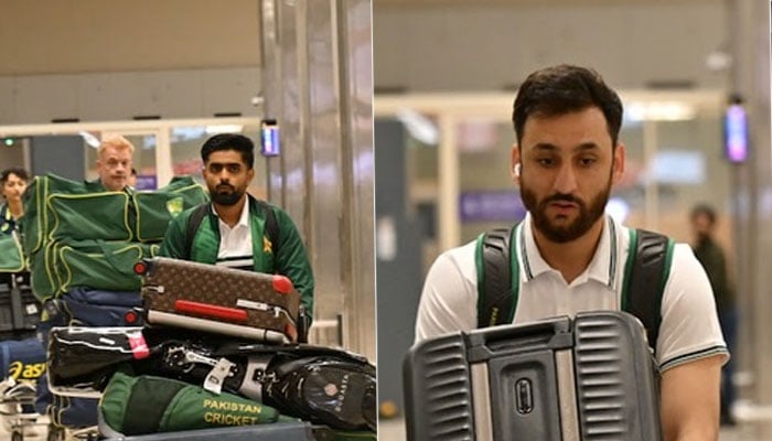 Pakistan cricketers Babar Azam (left) and Salman Agha pictured at an airport in Colombo on February 2, 2026. — facebook/@srilankacricket