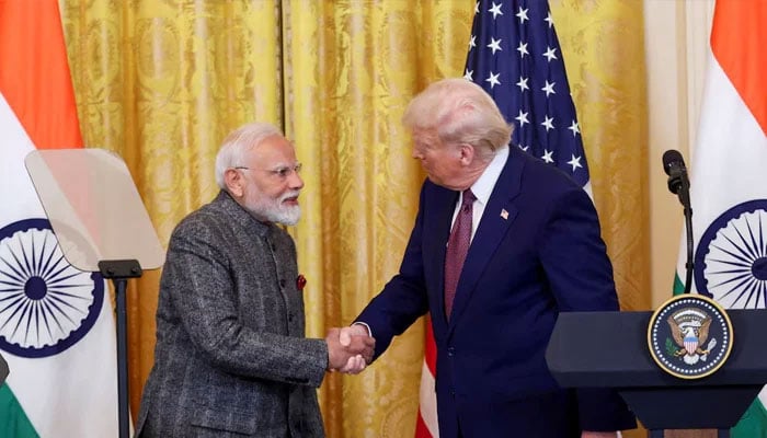 US President Donald Trump and Indian Prime Minister Narendra Modi shake hands as they attend a joint press conference at the White House in Washington, DC, US, February 13, 2025. — Reuters