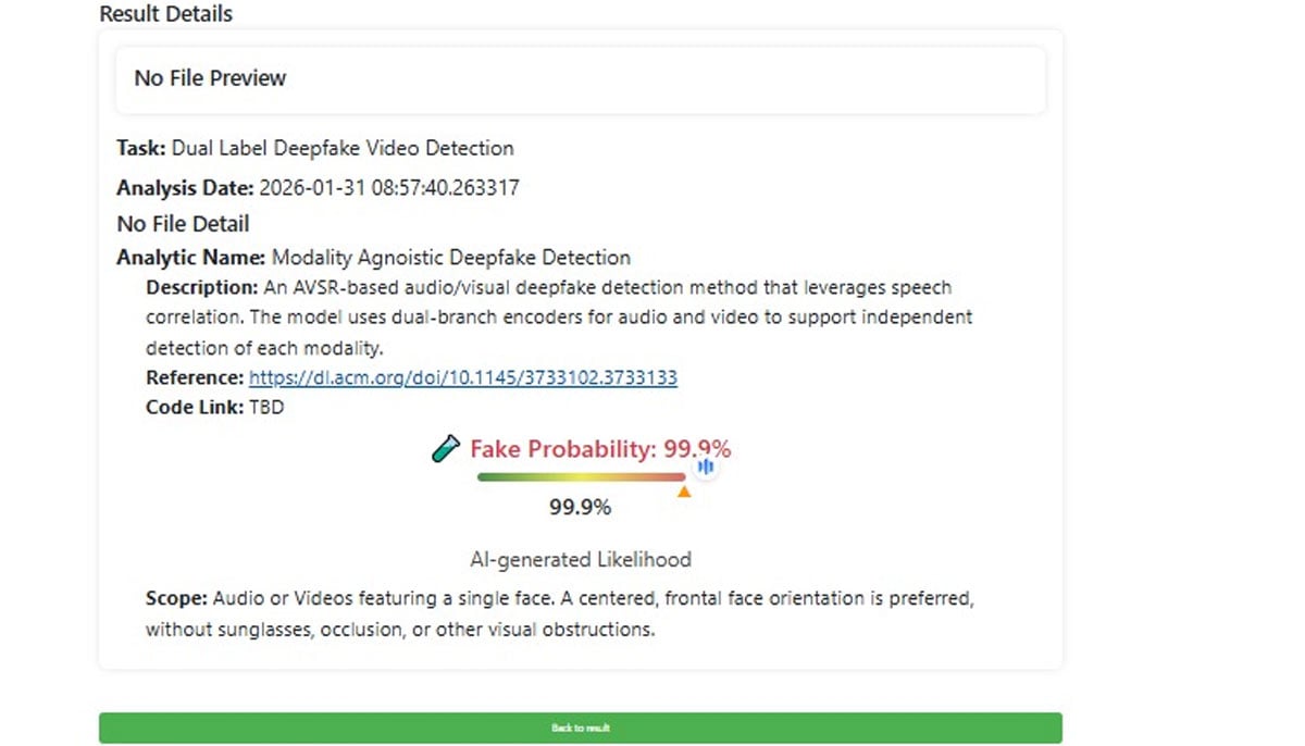 Screenshot from the University at Buffalo’s DeepFake-O-Meter showing a near-certain fake classification.