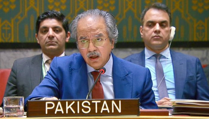 Pakistans UN Ambassador Asim Ifitkhar speaks during a UNSC briefing Threats to International Peace and Security caused by Terrorist Acts on February 4, 2026. — X@PakistanUN_NY