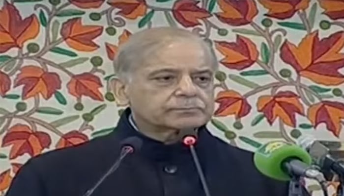 Prime Minister Shehbaz Sharif addresses special session related to Kashmir Solidarity Day at the Azad Jammu and Kashmir (AJK) legislative assembly, Muzaffarabad, February 5, 2026. — Screengrab via YouTube/Geo News