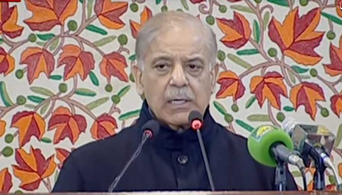 Prime Minister Shehbaz Sharif addresses special session related to Kashmir Solidarity Day at the Azad Jammu and Kashmir (AJK) legislative assembly, Muzaffarabad, February 5, 2026. — Screengrab via YouTube/Geo News
