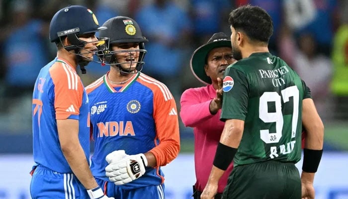 Pakistans Haris Rauf (right) engaged in verbal altercation with Indias Shubman Gill (left) and Abhishek Sharma during their ACC Mens T20 Asia Cup 2025 Super Four match at the Dubai International Cricket Stadium in Dubai on September 21, 2025. — AFP