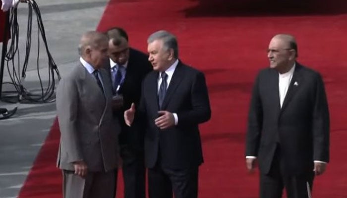 President Asif Ali Zardari and PM Shehbaz Sharif welcome Uzbekistan President Shavkat Mirziyoyev in Islamabad on February 5, 2025. — Screengrab via Geo News