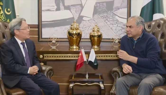 Interior Minister Mohsin Naqvi speaks to the Chinese Ambassador Jiang Zaidong in a meeting on February 5, 2026. — APP