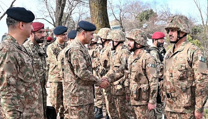 CDF Asim Munir interacts with troops during Muzaffarabad visit. ISPR