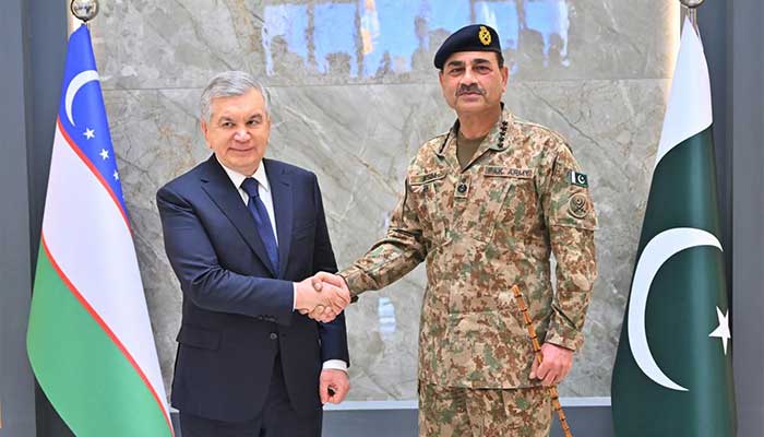 Uzbekistan President Shavkat Mirziyoyev (left) and COAS and CDF Field Marshal Syed Asim Munir shake hands during the formers visit to Global Industrial & Defence Solutions (GIDS) on February 5, 2026, as part of his visit to Pakistan. — ISPR