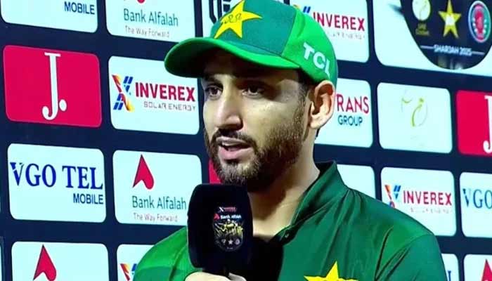 Pakistan T20I captain Salman Ali Agha speaks during the post-match presentation after Pakistan defeated UAE in the second match of the tri-series at the Sharjah Cricket Stadium on August 30, 2025. – Screengrab/Livestream