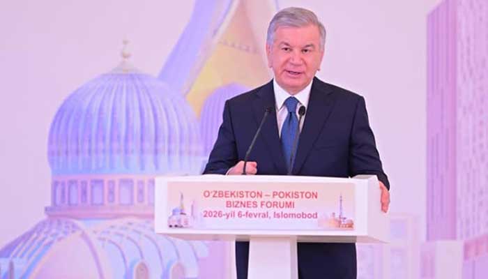 Uzbekistan President Shavkat Mirziyoyev addresses Pakistan-Uzbekistan Business Forum held in Islamabad on February 6, 2026. — PID