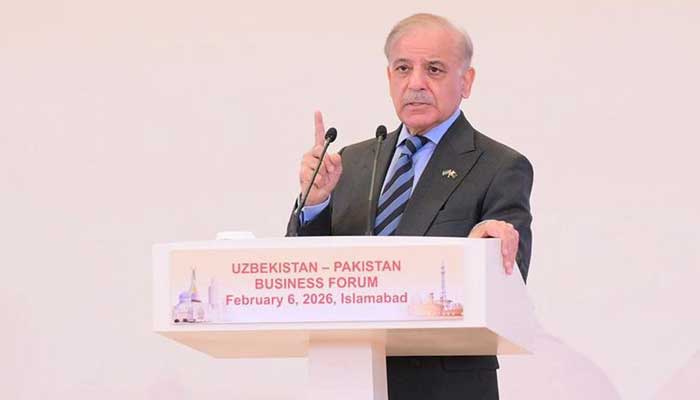 Prime Minister Shehbaz Sharif addresses Pakistan-Uzbekistan Business Forum held in Islamabad on February 6, 2026. — PID