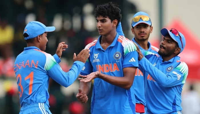 Indian players celebrate a wicket during their ICC U19 Mens World Cup 2026 final against England at Harare Sports Club, Harare, Zimbabwe, February 06, 2026. — ICC