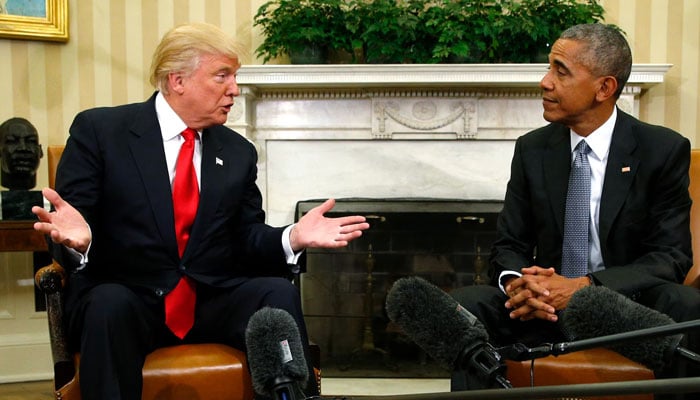 US President Donald Trump (left) meets former president Barack Obama. — Reuters/File