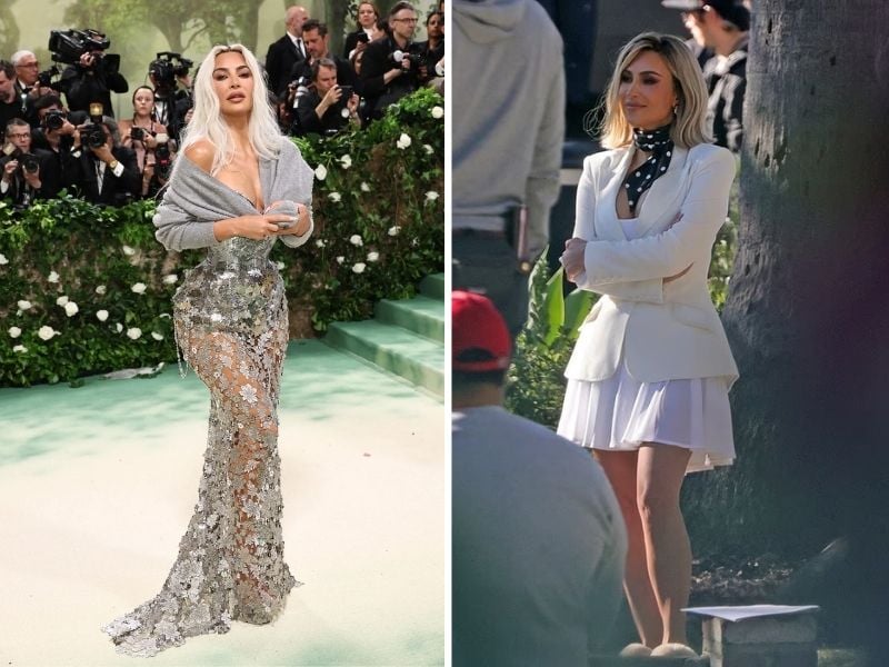 Left: Kim Kardashian at Met Gala 2024; Source: Jamie McCarthy/Getty Images; Right: Kim Kardashian on set of The Fifth Wheel; Source: Backgrid