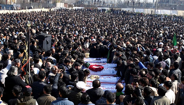 People gather to attend funeral of victims following the suicide explosion at an imambargah in Islamabad on  February 7, 2026. — Reuters