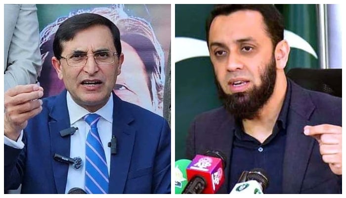 Pakistan Tehreek-e-Insaf (PTI) Chairman Barrister Gohar Ali (left) and Information Minister Atta Tarar. — Reuters/APP/File