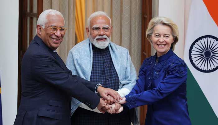 European Council President Antonio Costa, European Commission President Ursula von der Leyen and Indian Prime Minister Narendra Modi pose during a photo opportunity ahead of their meeting at the Hyderabad House in New Delhi, India on  January 27, 2026. — Reuters