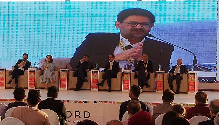 Former finance minister Miftah Ismail speaks during a session at the Karachi Literature Festival, Karachi, February 8, 2026. — KLF