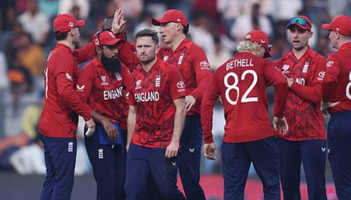 England players celebrate a wicket during their ICC Mens T20 World Cup against Nepal at Wankhede Stadium in Mumbai, India, February 08, 2026. — AFP
