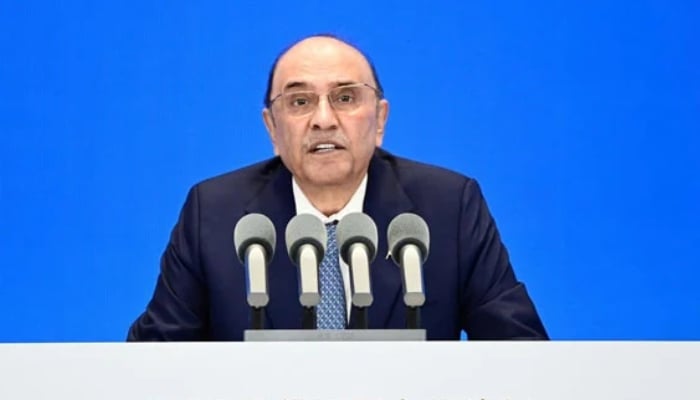 President Asif Ali Zardari addressing the Second Golden Panda Awards International Culture Forum in China on September 13, 2025. — PID