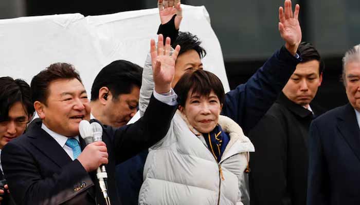 Japans Prime Minister and leader of the ruling Liberal Democratic Party (LDP), Sanae Takaichi, waves her hand during an election campaign event ahead of the February 8 snap election, in Tokyo, Japan, February 7, 2026.— Reuters