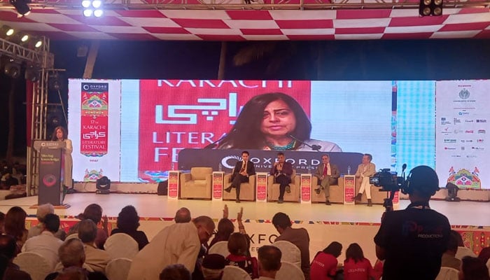 A participant delivers her address at the 17th Karachi Literature Festival (KLF) held at a local hotel in Karachi on February 8, 2026. — Geo News