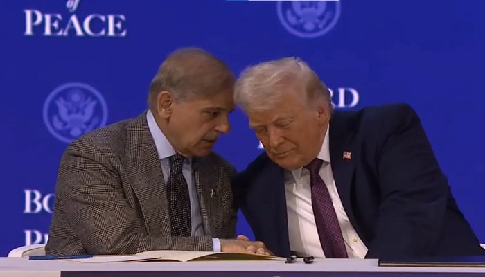 US President Donald Trump and PM Shehbaz Sharif speak at the signing ceremony of the Board of Peace in Davos on January 22, 2026. — screengrab via White House’s YouTube channel