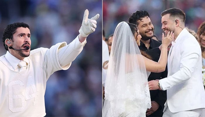 Bad Bunny plays cupid during Super Bowl set featuring real nuptials