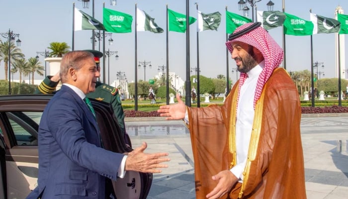 Saudi Crown Prince Mohammed bin Salman and Prime Minister Shehbaz Sharif meet in Riyadh, Saudi Arabia, September 17, 2025. — Reuters