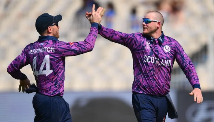 Michael Leask of Scotland celebrates the wicket of Harry Manenti during the ICC Mens T20 World Cup against Italy at Eden Gardens on February 09, 2026 in Kolkata, India. — ICC