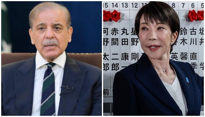 A collage showing PM Shehbaz Sharif and Japans re-elected PM Sanae Takaichi. — PID/AFP/File