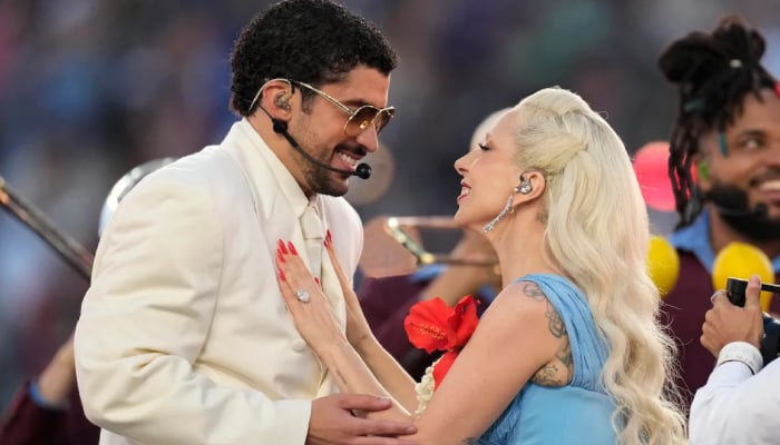 Bad Bunny dances to Lady Gaga backstage during Super Bowl Half-Time show