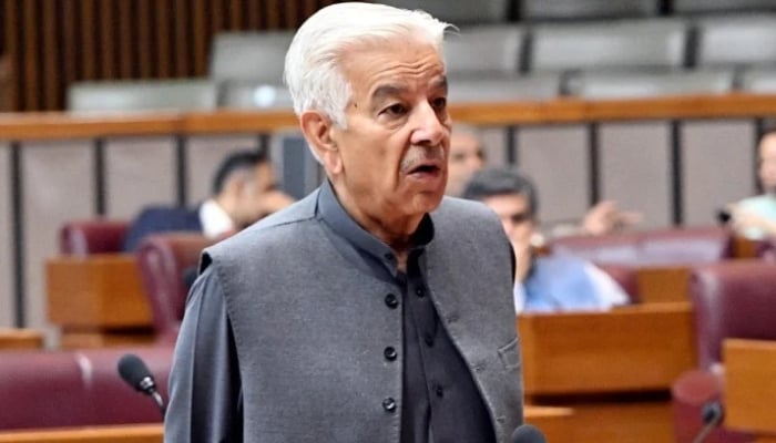 Defence Minister Khawaja Asif addressing the National Assembly in Islamabad, May 9, 2025. — NNI