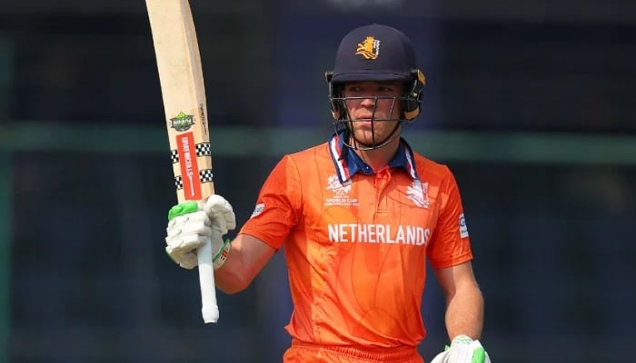 Bas de Leede of Netherlands celebrates their half century during the ICC Mens T20 World Cup match between against Namibia at Arun Jaitley Stadium on February 10, 2026 in Delhi, India. — AFP