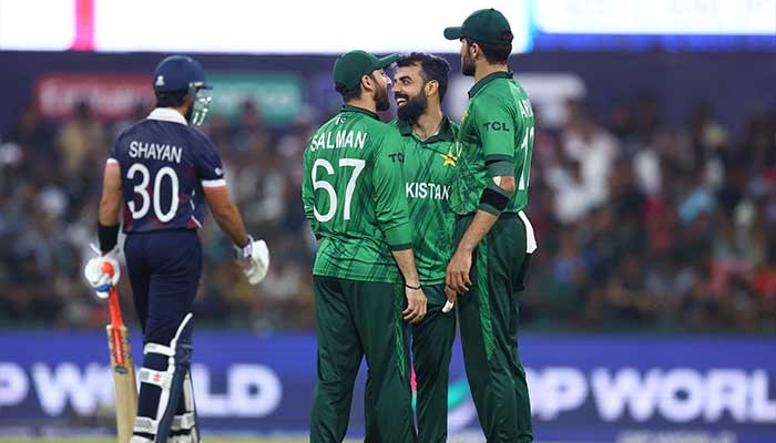 Pakistans Shadab Khan celebrates taking a wicket with teammates during ICC Mens T20 World Cup match against USA at the SSC Ground in Colombo on February 10, 2026. — PCB
